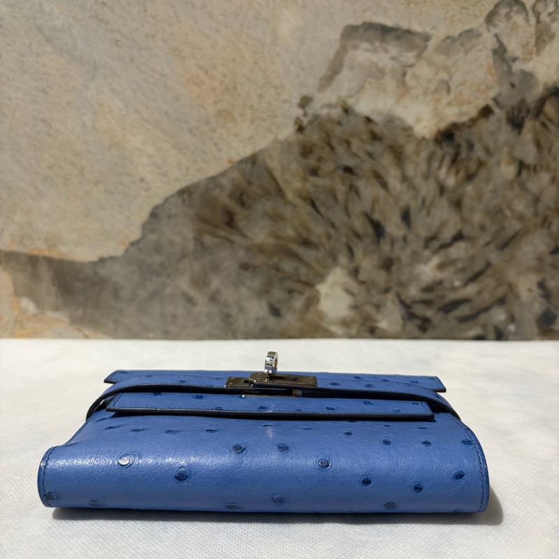 Hermes 海水藍銀釦鴕鳥皮KELLY釦三折中夾-5