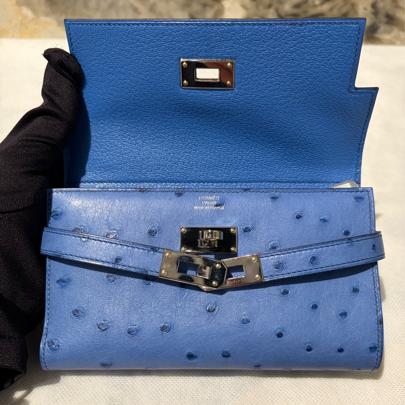 Hermes 海水藍銀釦鴕鳥皮KELLY釦三折中夾-6