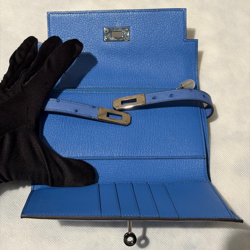 Hermes 海水藍銀釦鴕鳥皮KELLY釦三折中夾-7