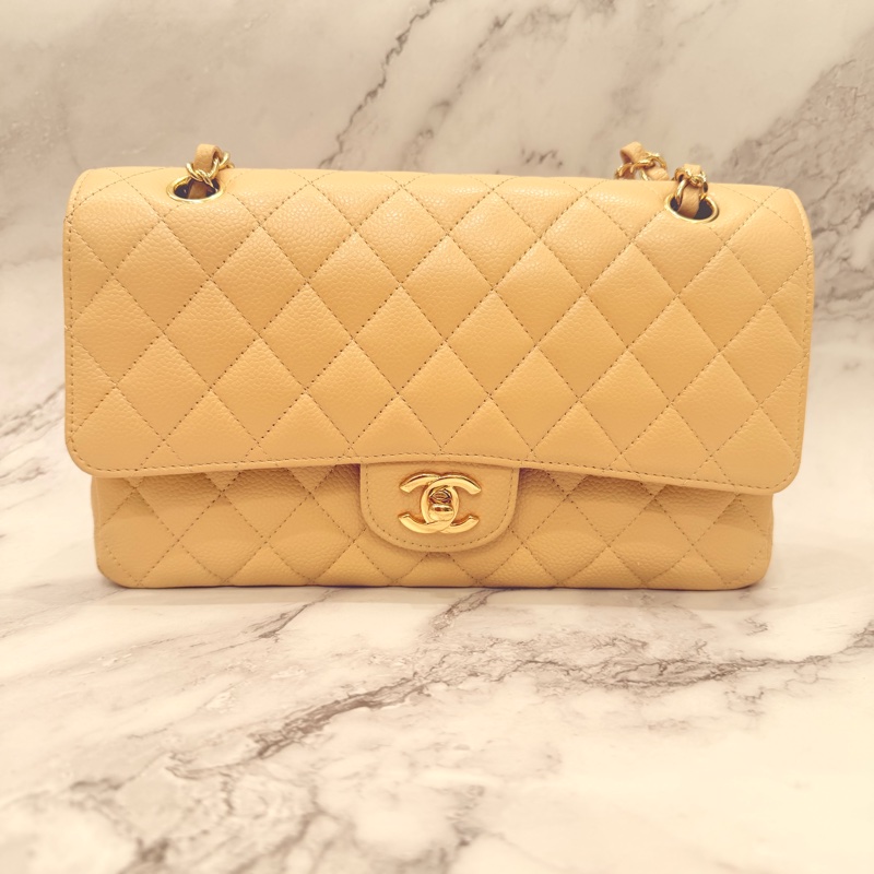 Chanel 經典口蓋包 小號 CF 23cm 奶茶色金鍊 (18開)-0