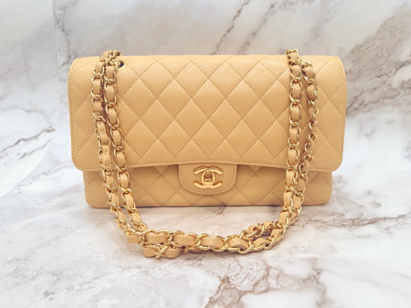 Chanel 經典口蓋包 小號 CF 23cm 奶茶色金鍊 (18開)-11