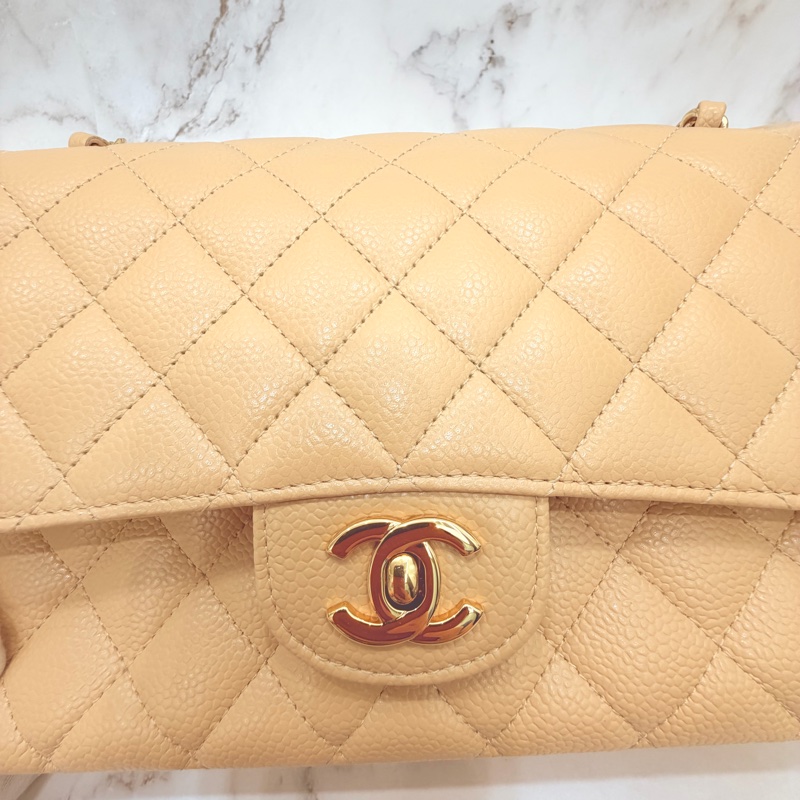 Chanel 經典口蓋包 小號 CF 23cm 奶茶色金鍊 (18開)-12