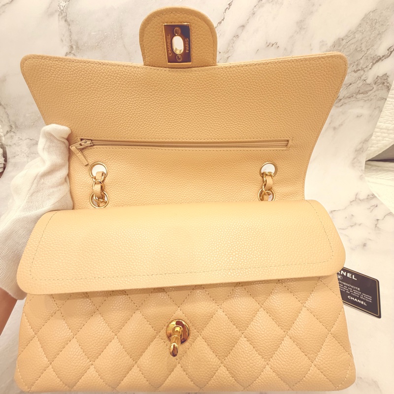 Chanel 經典口蓋包 小號 CF 23cm 奶茶色金鍊 (18開)-14