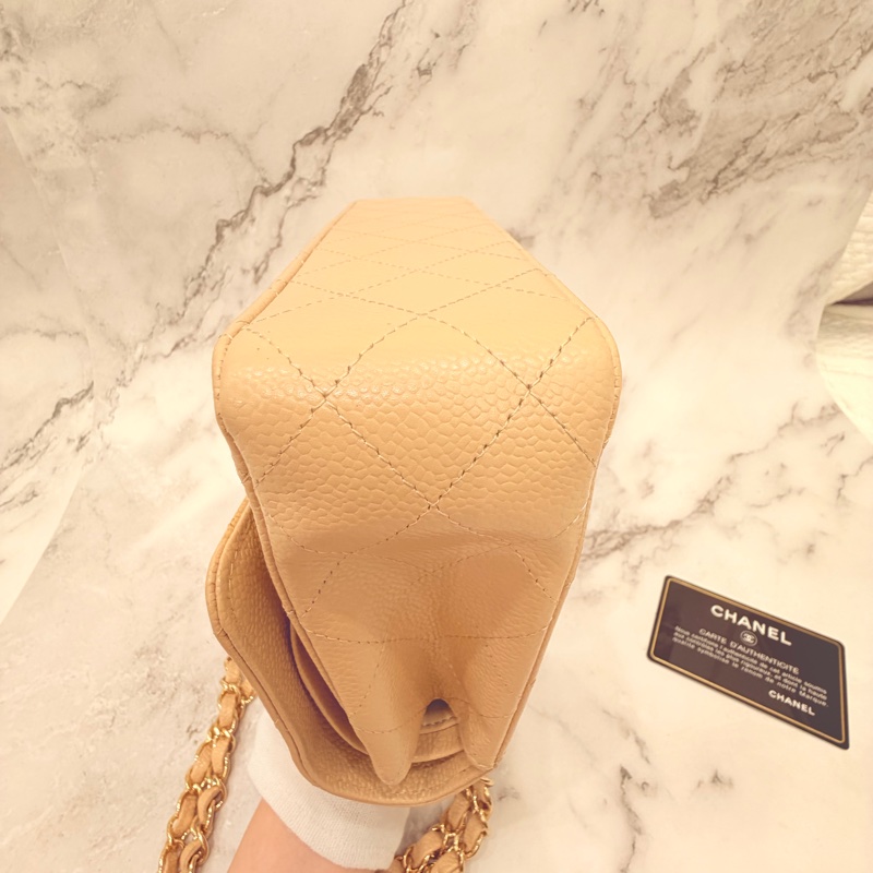Chanel 經典口蓋包 小號 CF 23cm 奶茶色金鍊 (18開)-18
