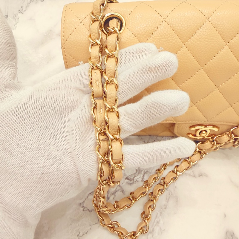 Chanel 經典口蓋包 小號 CF 23cm 奶茶色金鍊 (18開)-26
