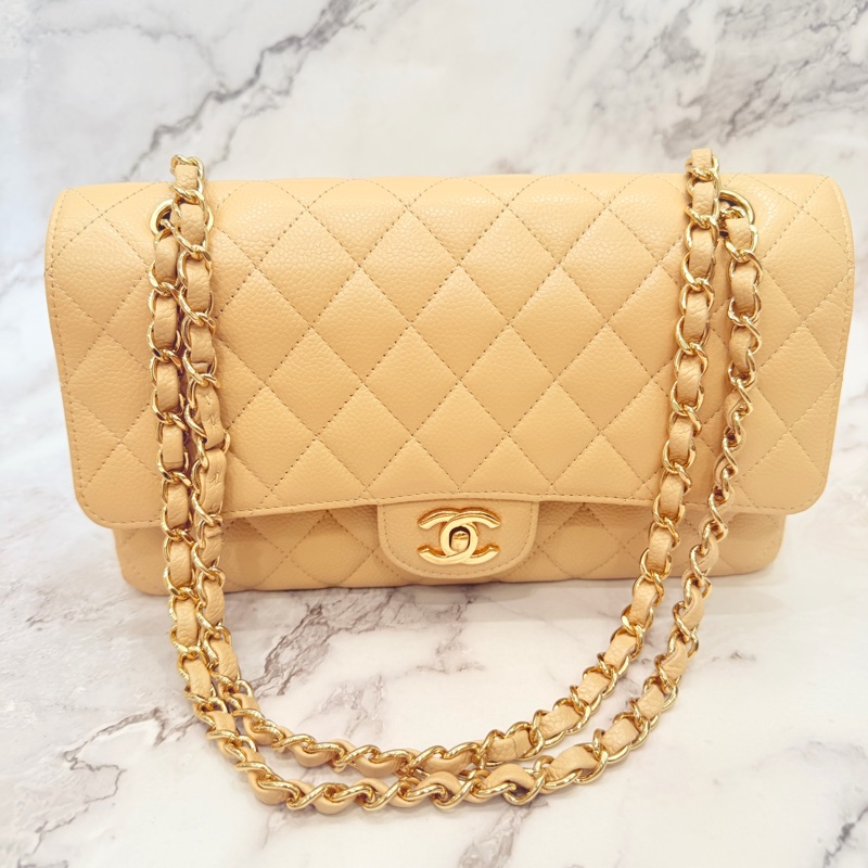 Chanel 經典口蓋包 小號 CF 23cm 奶茶色金鍊 (18開)-31