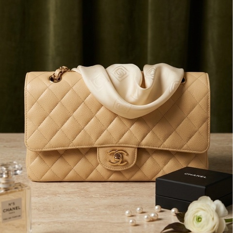 Chanel 經典口蓋包 小號 CF 23cm 奶茶色金鍊 (18開)