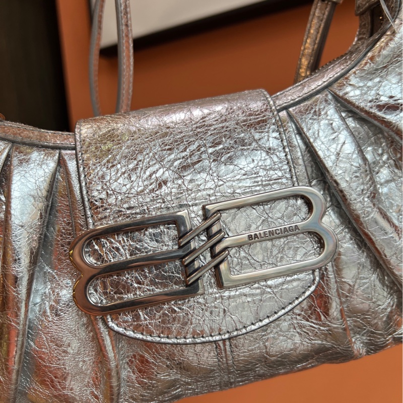 Balenciaga巴黎世家 Pamela 金屬質感細紋 斜挎/腋下/手提包 銀色 小號-5