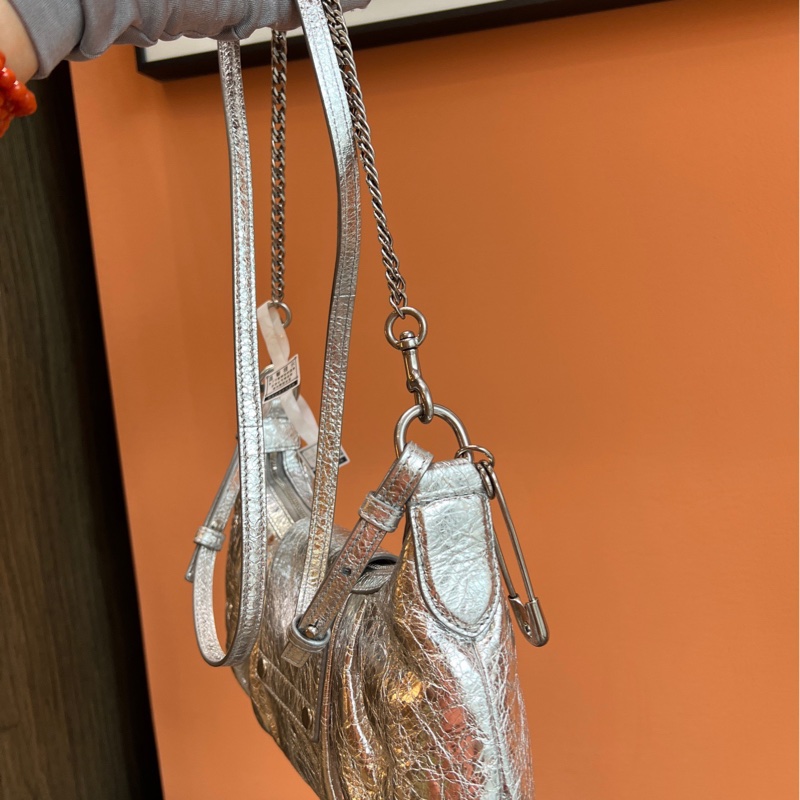 Balenciaga巴黎世家 Pamela 金屬質感細紋 斜挎/腋下/手提包 銀色 小號-6