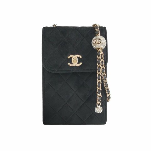 Chanel 絨布純色菱格絎縫雙C扣斜背包