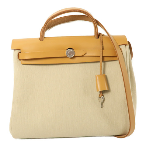 HERMES Toile H帆布Herbag PM手挽肩背兩用袋Beton/Fauve
