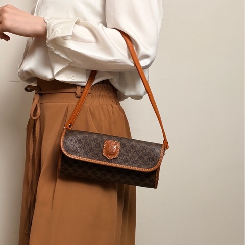 Celine 老花凱旋門圓桶腋下包 斜背包 真皮棕色 思琳