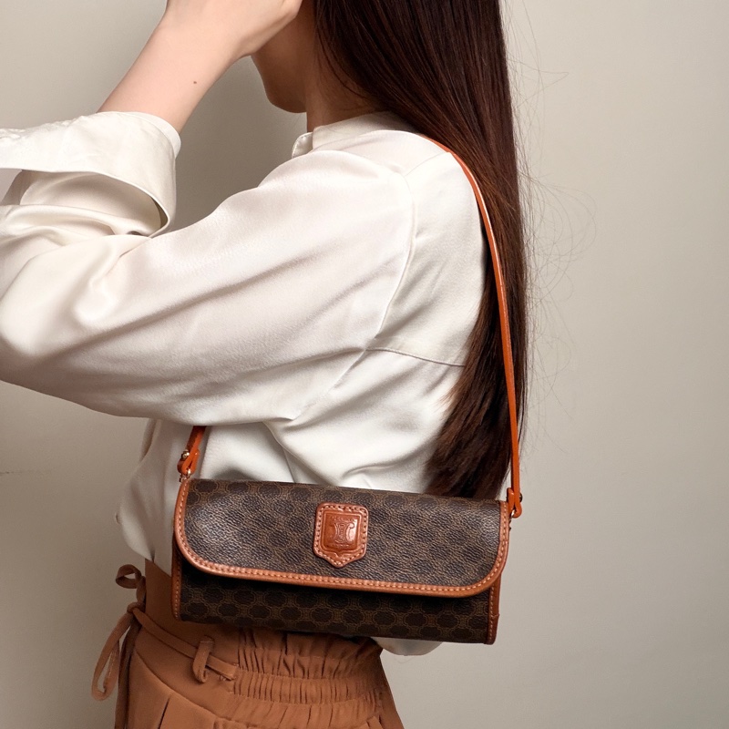 Celine 老花凱旋門圓桶腋下包 斜背包 真皮棕色 思琳-2