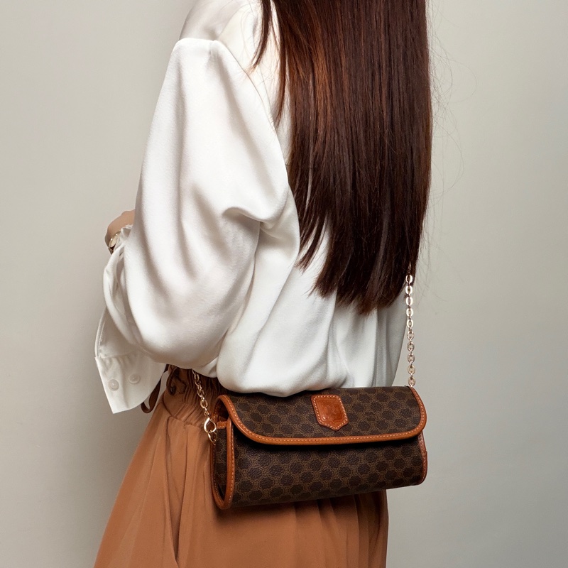 Celine 老花凱旋門圓桶腋下包 斜背包 真皮棕色 思琳-3