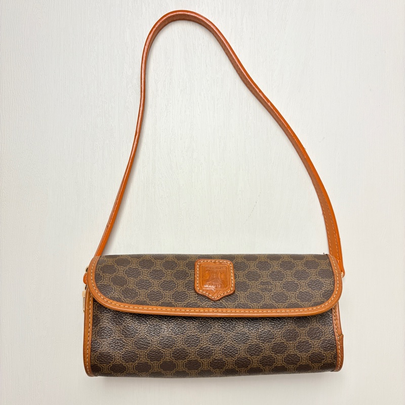 Celine 老花凱旋門圓桶腋下包 斜背包 真皮棕色 思琳-4