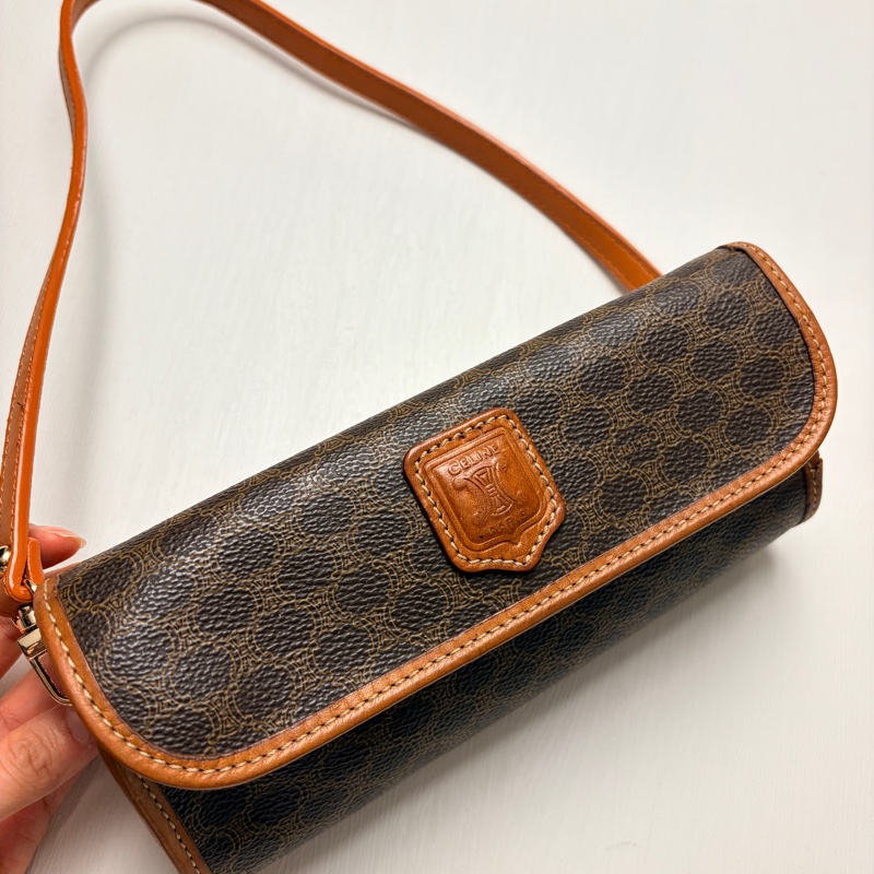 Celine 老花凱旋門圓桶腋下包 斜背包 真皮棕色 思琳-5