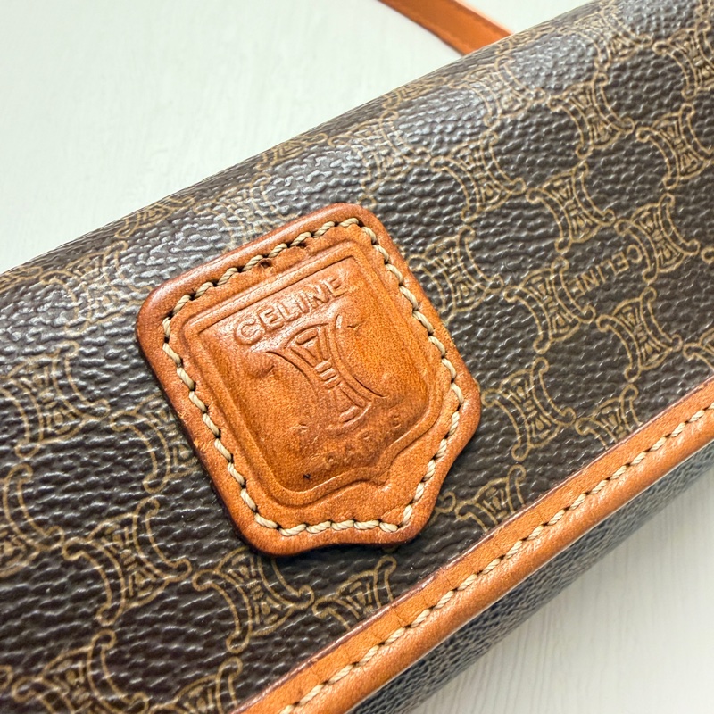 Celine 老花凱旋門圓桶腋下包 斜背包 真皮棕色 思琳-7