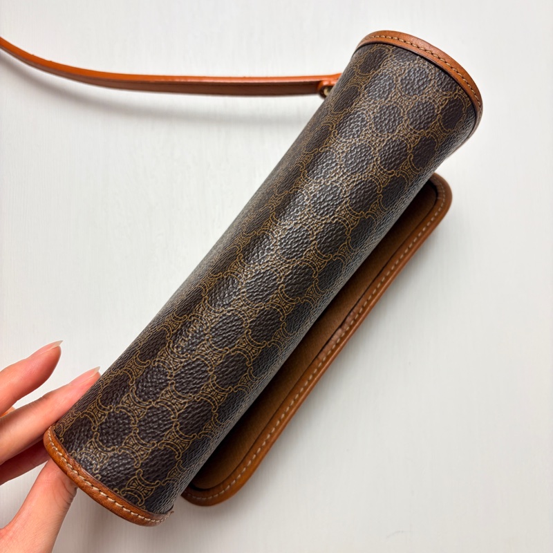 Celine 老花凱旋門圓桶腋下包 斜背包 真皮棕色 思琳-9