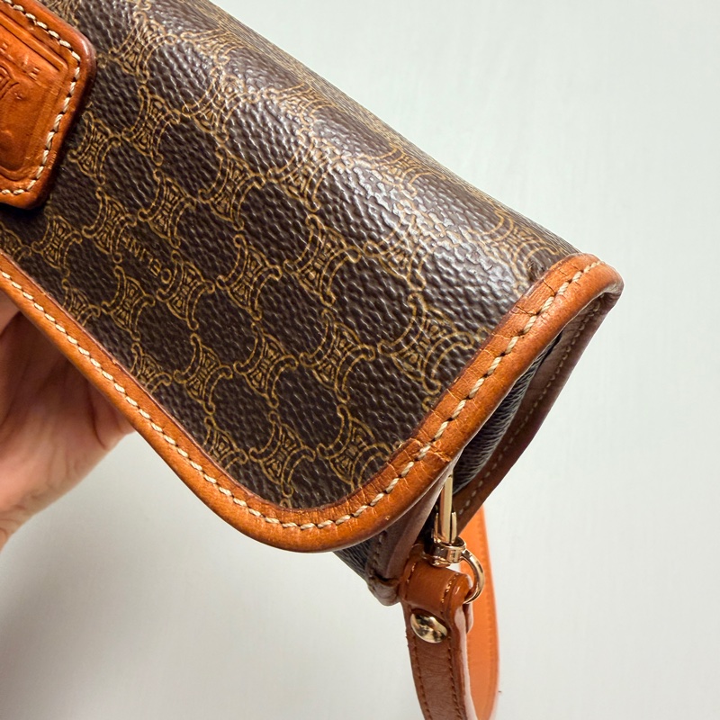 Celine 老花凱旋門圓桶腋下包 斜背包 真皮棕色 思琳-12