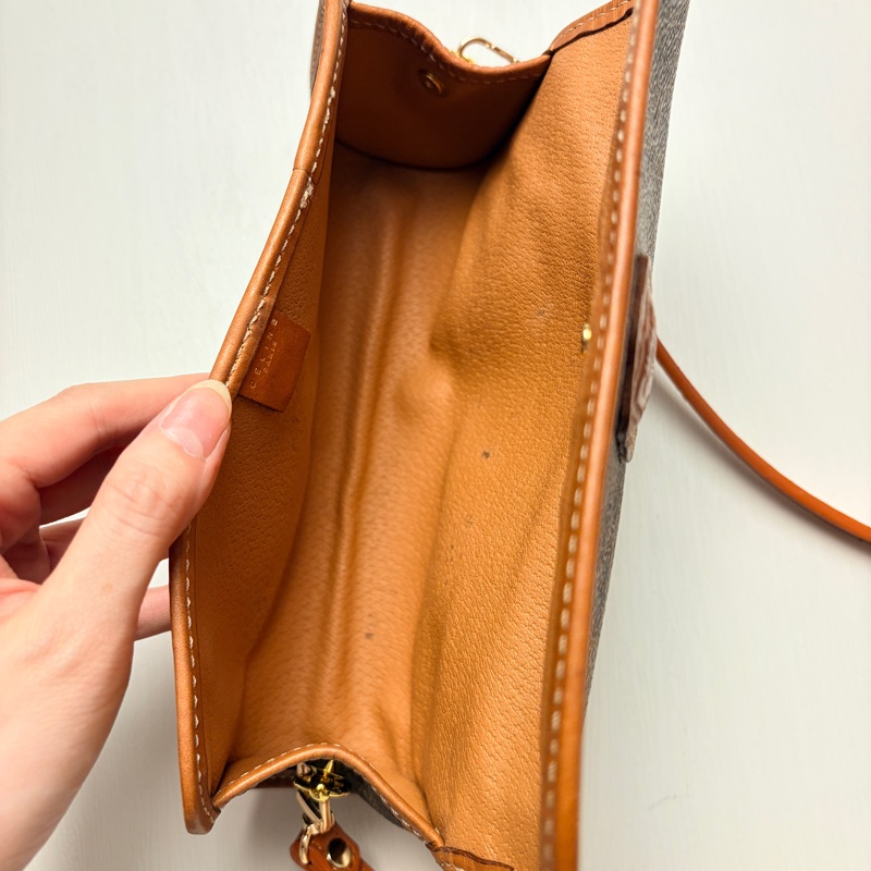 Celine 老花凱旋門圓桶腋下包 斜背包 真皮棕色 思琳-21