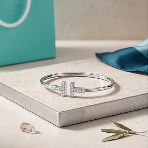 Tiffany & Co. 蒂芙尼 Tiffany T Wire 18K 白金鑲鑽手環Small