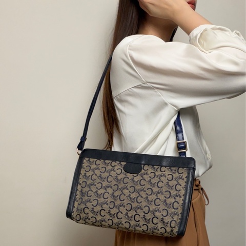 Celine 深藍帆布皮革拼接手拿包 腋下包 斜背包 輕巧