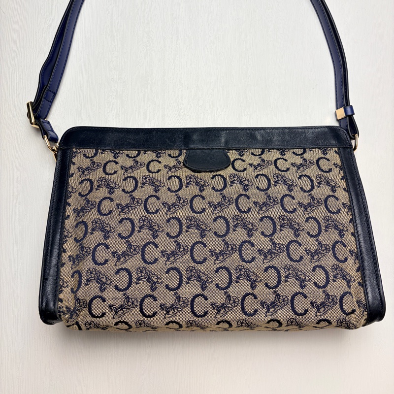 Celine 深藍帆布皮革拼接手拿包 腋下包 斜背包 輕巧-2