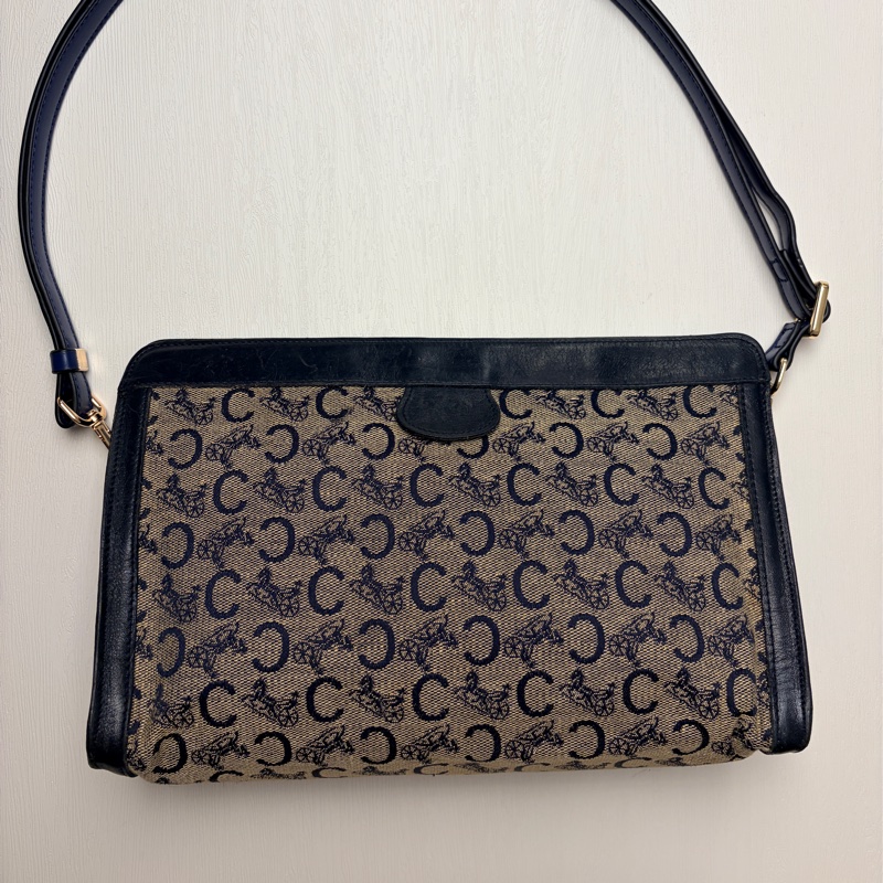 Celine 深藍帆布皮革拼接手拿包 腋下包 斜背包 輕巧-3