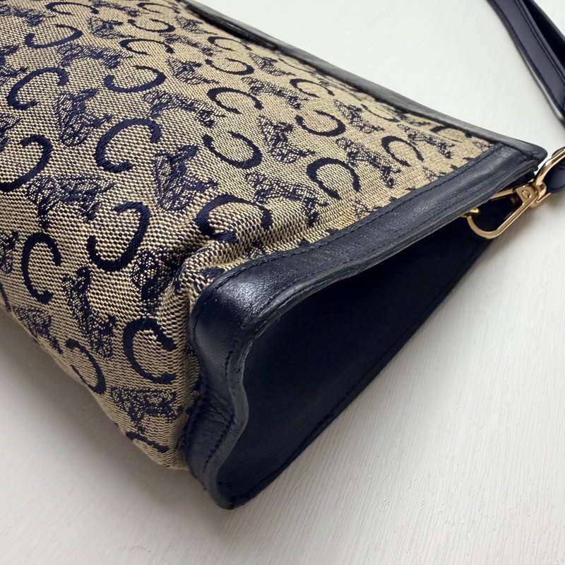 Celine 深藍帆布皮革拼接手拿包 腋下包 斜背包 輕巧-5