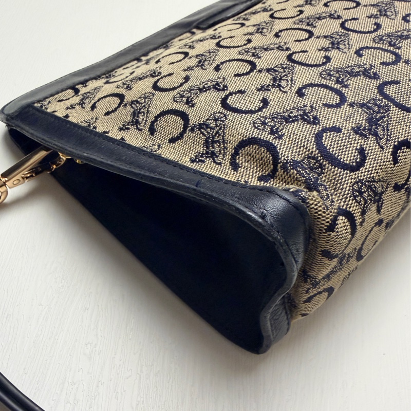 Celine 深藍帆布皮革拼接手拿包 腋下包 斜背包 輕巧-8