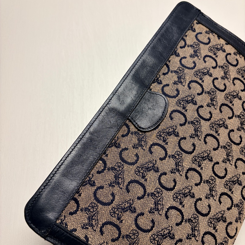 Celine 深藍帆布皮革拼接手拿包 腋下包 斜背包 輕巧-10