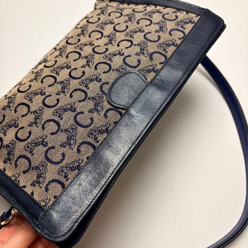 Celine 深藍帆布皮革拼接手拿包 腋下包 斜背包 輕巧-11