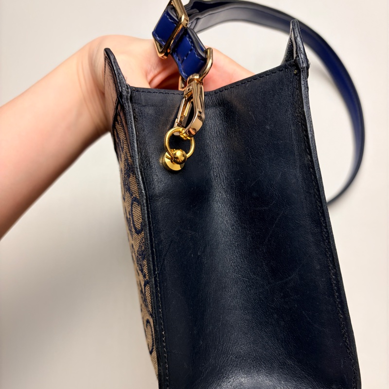 Celine 深藍帆布皮革拼接手拿包 腋下包 斜背包 輕巧-13