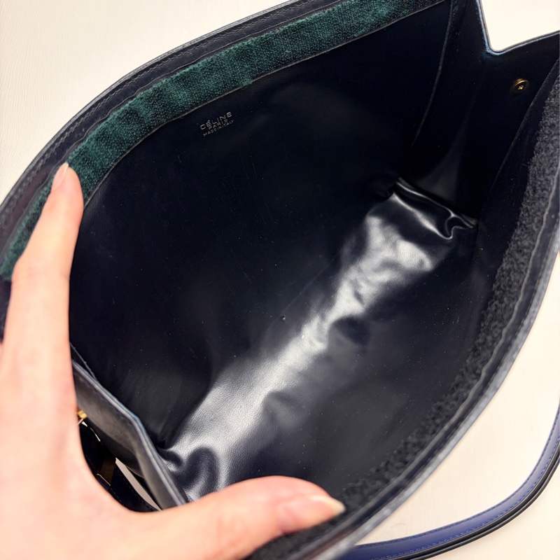 Celine 深藍帆布皮革拼接手拿包 腋下包 斜背包 輕巧-16