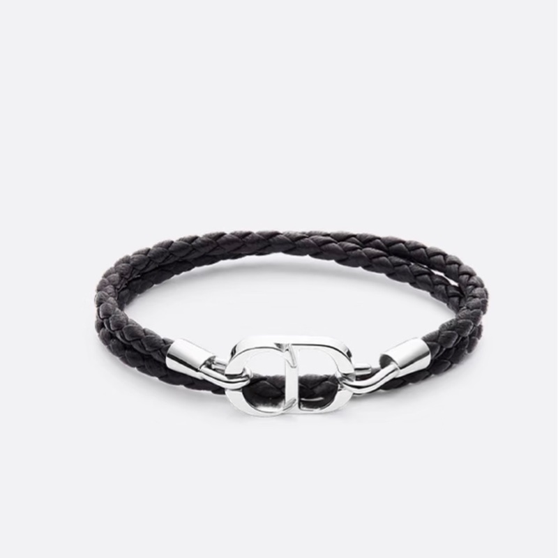 Dior 銀色CD icon麻花編織 雙環皮革手環 黑色羊皮-0