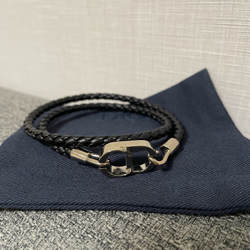 Dior 銀色CD icon麻花編織 雙環皮革手環 黑色羊皮-1