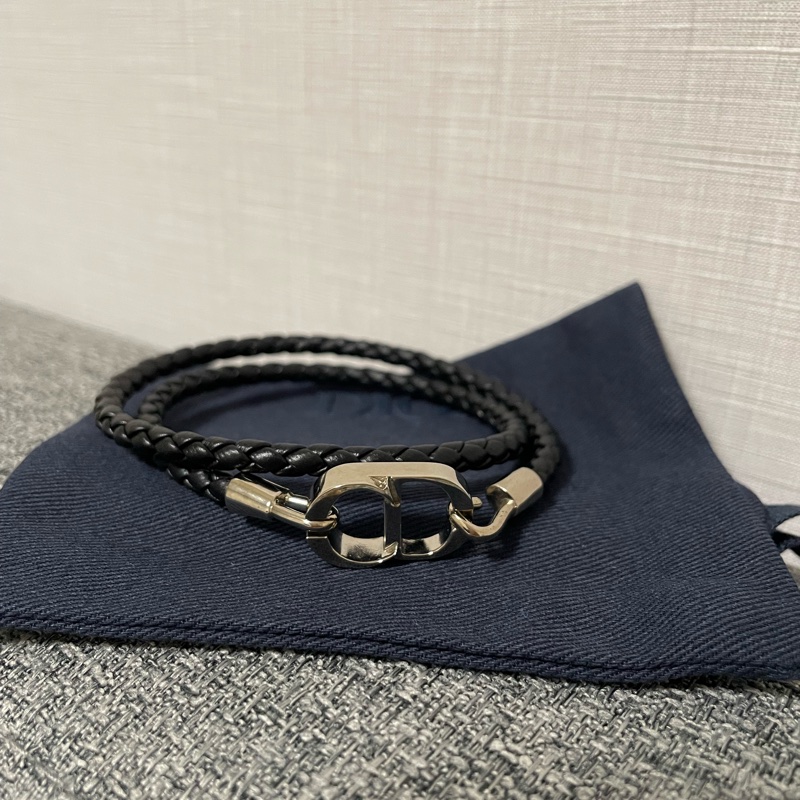 Dior 銀色CD icon麻花編織 雙環皮革手環 黑色羊皮-2