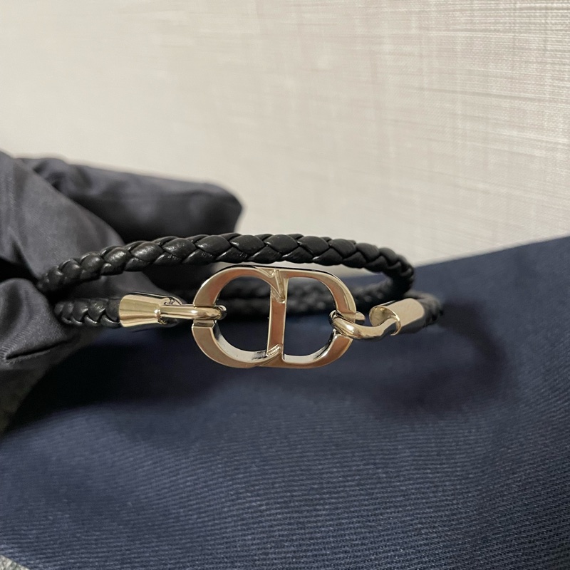 Dior 銀色CD icon麻花編織 雙環皮革手環 黑色羊皮-3