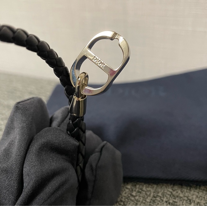 Dior 銀色CD icon麻花編織 雙環皮革手環 黑色羊皮-6