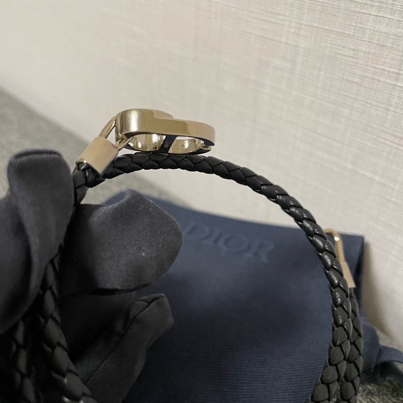 Dior 銀色CD icon麻花編織 雙環皮革手環 黑色羊皮-7