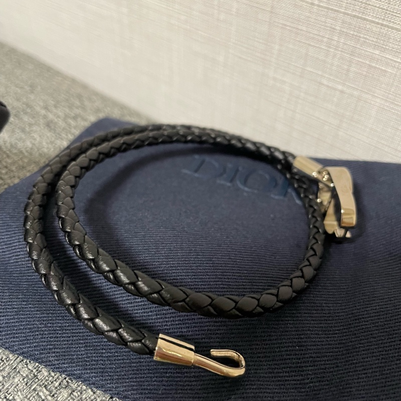 Dior 銀色CD icon麻花編織 雙環皮革手環 黑色羊皮-8