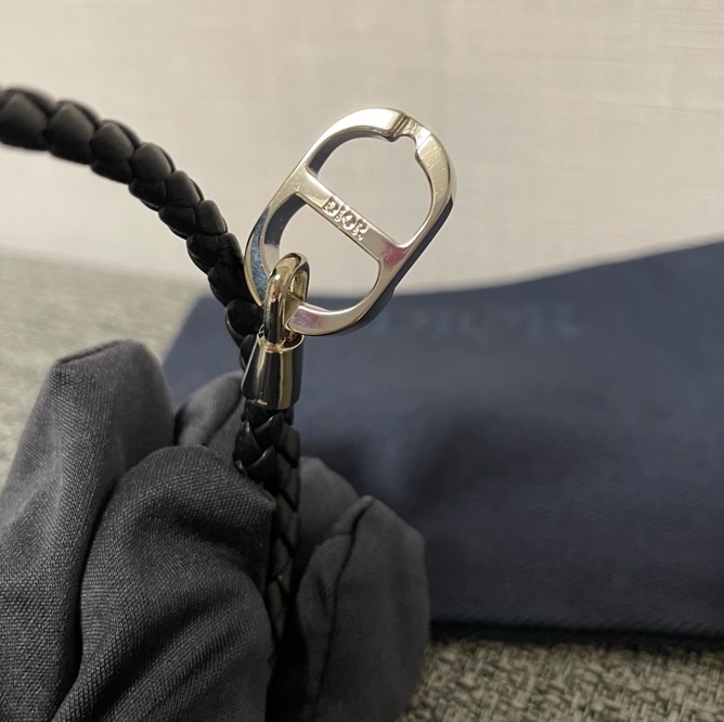 Dior 銀色CD icon麻花編織 雙環皮革手環 黑色羊皮-9