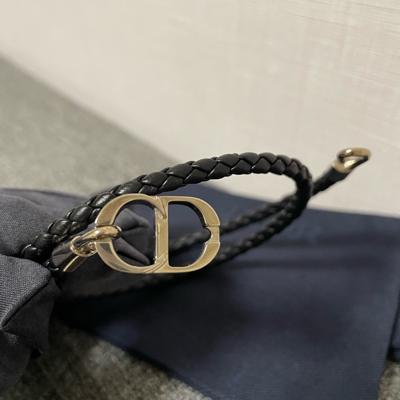 Dior 銀色CD icon麻花編織 雙環皮革手環 黑色羊皮-10