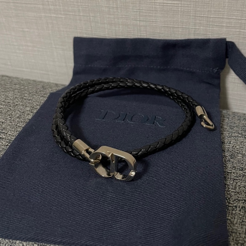 Dior 銀色CD icon麻花編織 雙環皮革手環 黑色羊皮-11