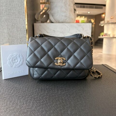 CHANEL 小牛皮單金格紋手提斜背鏈包 灰銀