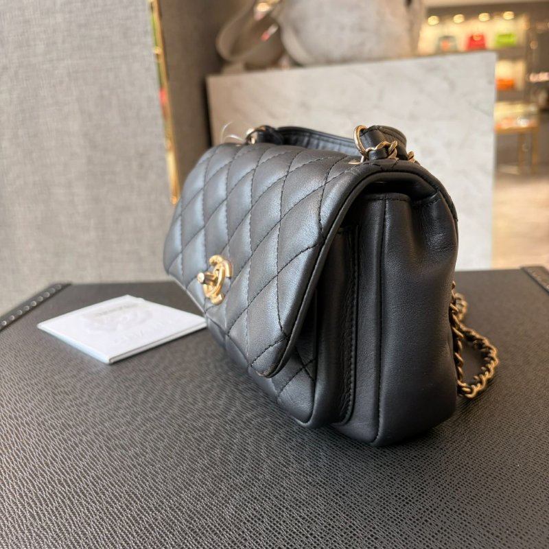 CHANEL 小牛皮單金格紋手提斜背鏈包 灰銀-1