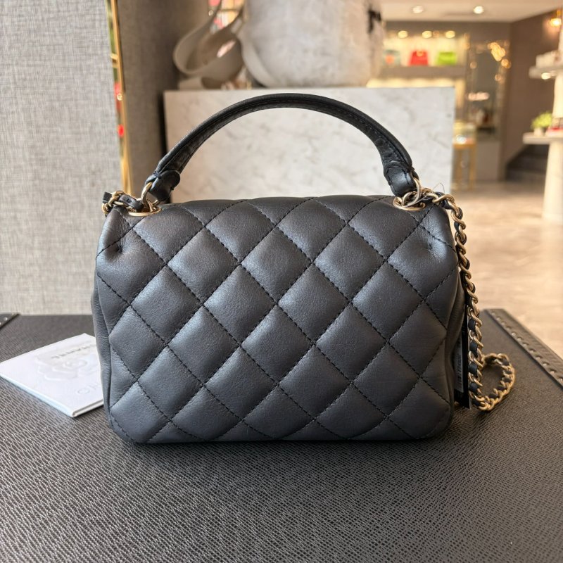 CHANEL 小牛皮單金格紋手提斜背鏈包 灰銀-2