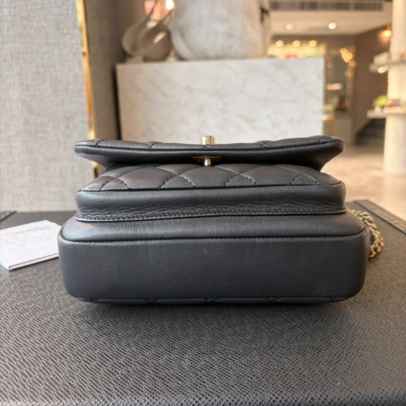 CHANEL 小牛皮單金格紋手提斜背鏈包 灰銀-3