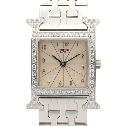 愛馬仕 H-Watch 鑲鑽錶圈女士腕錶 不鏽鋼 象牙色 HH1.230