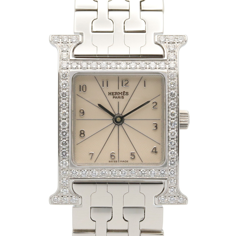 愛馬仕 H-Watch 鑲鑽錶圈女士腕錶 不鏽鋼 象牙色 HH1.230-0